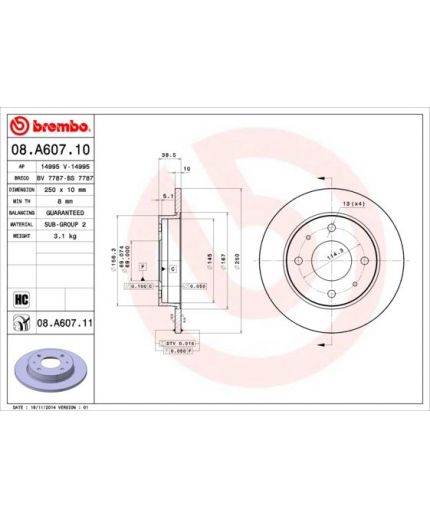 BREMBO Тормозной диск задний (заменяет 08.A607.10)
