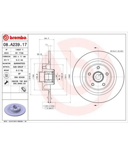 BREMBO Тормозной диск задний с подшипником и кольцом ABS