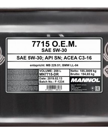 Моторное масло MANNOL 7715 LONGLIFE 504/507 5W-30 SN/CF ESTER 208л