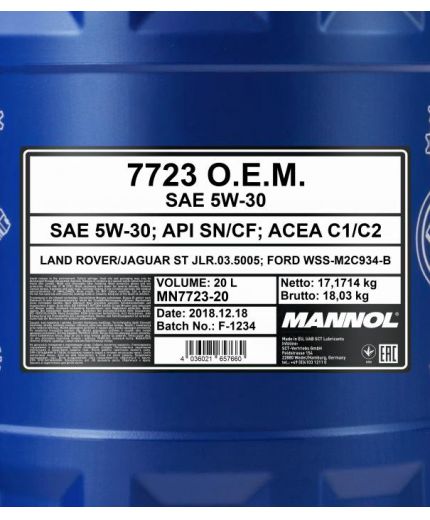Моторное масло MANNOL 7723 OEM for Land Rover Jaguar 5W-30 20л