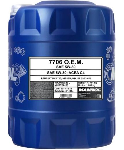 Моторное масло MANNOL 7706 OEM for Renault Nissan 5W-30 C4 20л