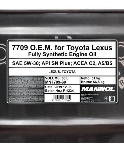 Моторное масло MANNOL 7709 OEM for Toyota Lexus 5W-30 SM/CF 60л