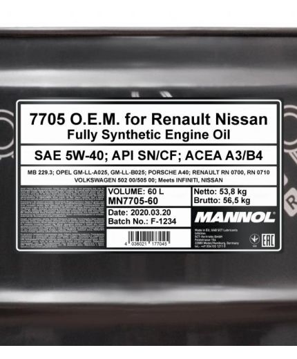 Моторное масло MANNOL 7705 OEM for Renault Nissan 5W-40 SN/CF 60л