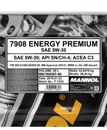 Моторное масло MANNOL Energy Premium SP SN/CF 5W-30 60л Фото 2