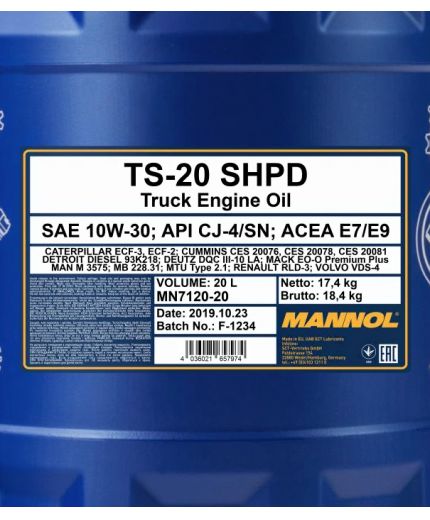 Моторное масло MANNOL TS-20 SHPD CJ-4/SN 10W-30 20л. Фото 2