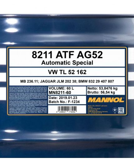 Трансмиссионное масло MANNOL ATF AG52 Automatic Special (VW, Audi) 60л Фото 2