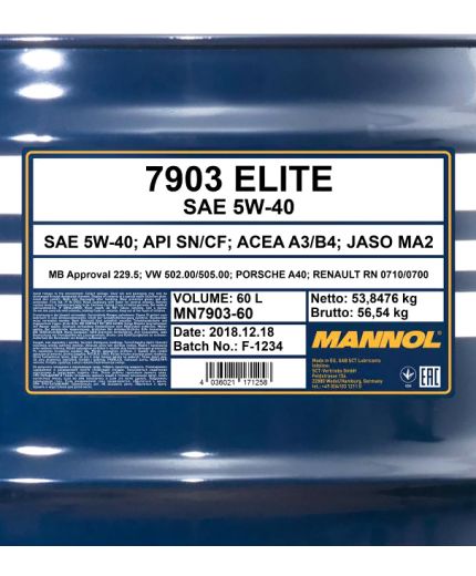 Моторное масло MANNOL Elite 5W-40 SN/CF 60л ESTER Фото 2