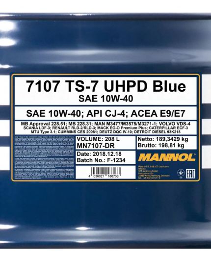 MANNOL TS-7 Blue 10W-40 E6 208л Фото 2