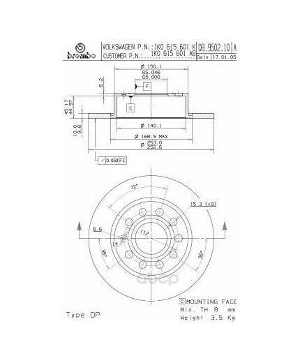 BREMBO Тормозной диск задний с покрытием Фото 3
