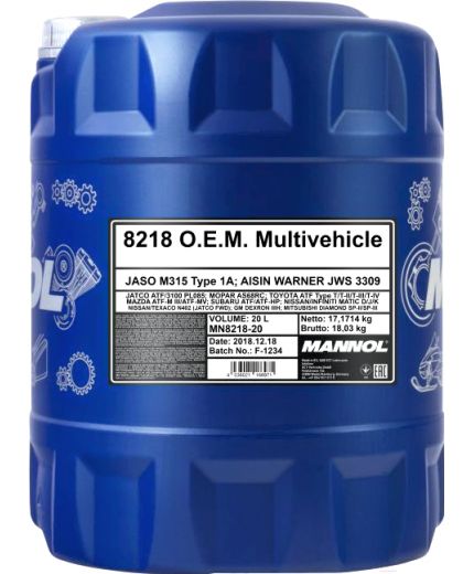 Трансмиссионное масло MANNOL 8218 ATF Multivehicle O.E.M. JWS 3309 20л