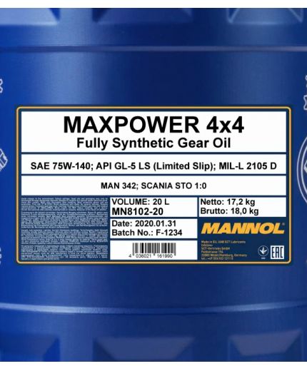 Трансмиссионное масло MANNOL Maxpower 4x4 GL-5 75W-140 20л. Фото 2